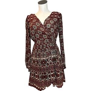 Patrons of Peace Faux Wrap Maroon Patterned Long Sleeve Dress, size M